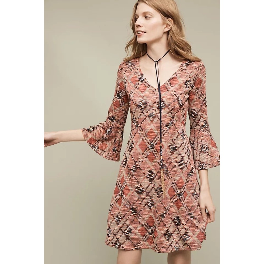 Maeve Anthropologie Diamond Argyle Bell Sleeve‎ Knit Mini Dress S
